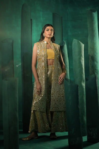 Twenty Nine Embellished Sharara in Silver Zari Mirrorwork Georgette Golden Yellow indian designer wear online shopping melange singapore