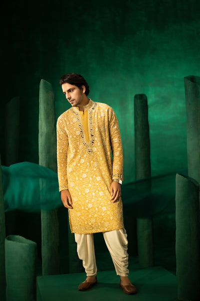 Twenty Nine Golden Yellow Chikankari Mirror Embellished Kurta Set indian designer wear online shopping melange singapore