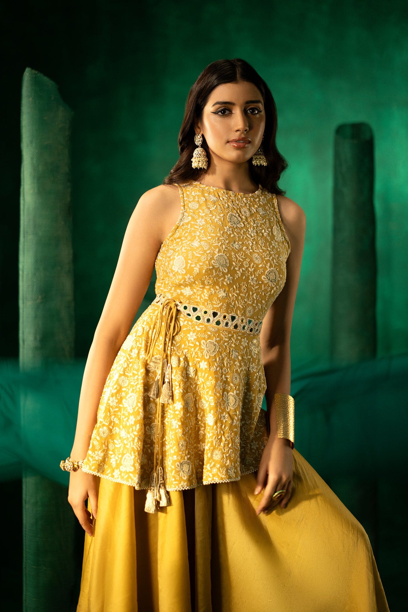 Twenty Nine Hi Low Peplum Top In Golden Yellow Chikankari With Embellished Belt indian designer wear online shopping melange singapore