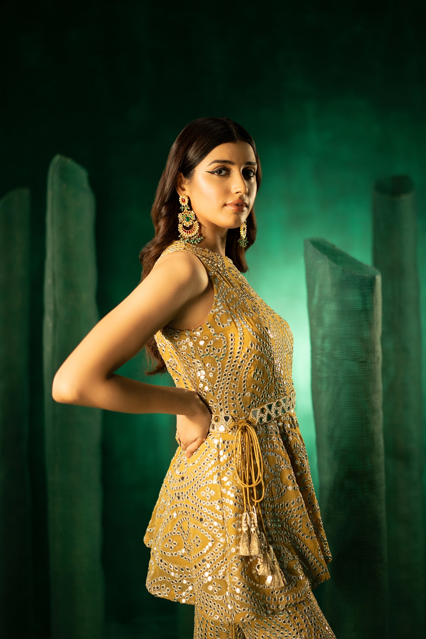 Twenty Nine Hi Low Peplum Top in Golden Yellow Silver Zari Georgette with Embellished Belt indian designer wear online shopping melange singapore