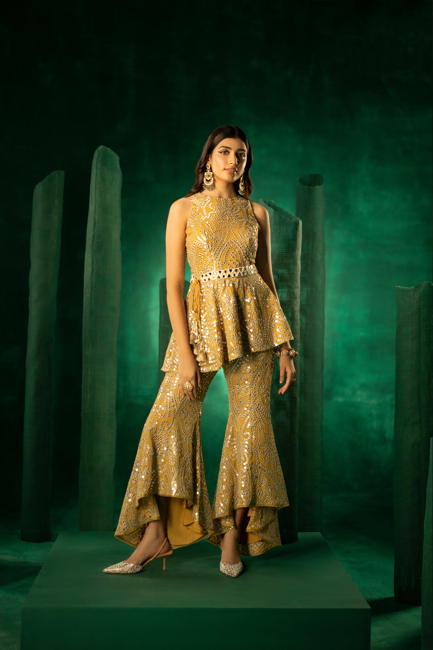 Twenty Nine Hi Low Peplum Top in Golden Yellow Silver Zari Georgette with Embellished Belt indian designer wear online shopping melange singapore