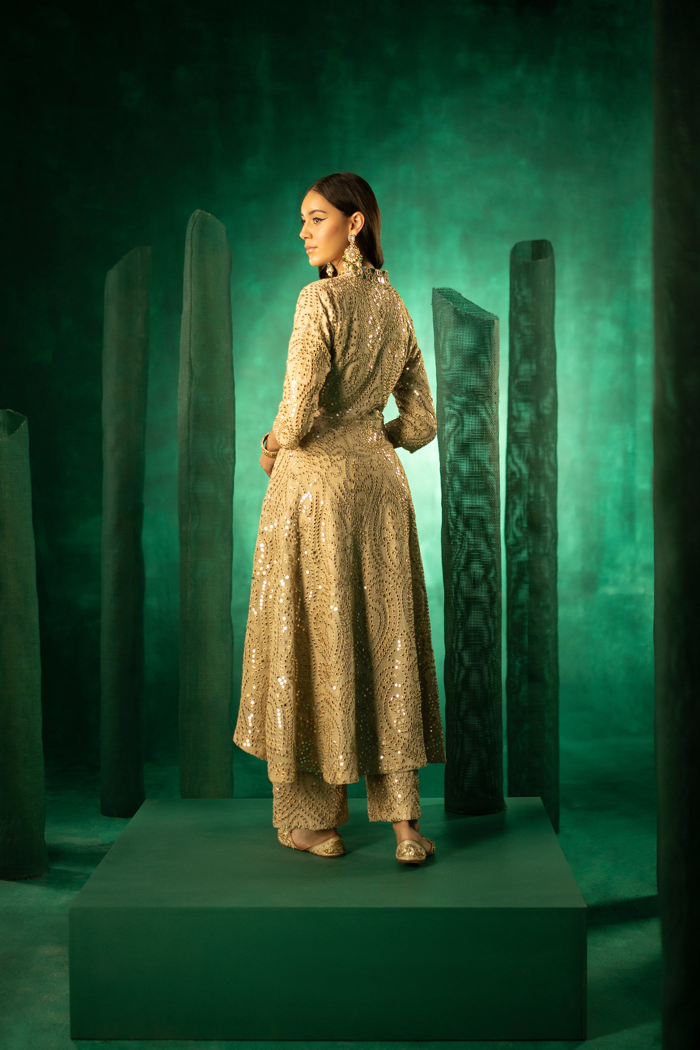 Twenty Nine Long Asymmetrical Sherwani Mirrorwork indian designer wear online shopping melange singapore