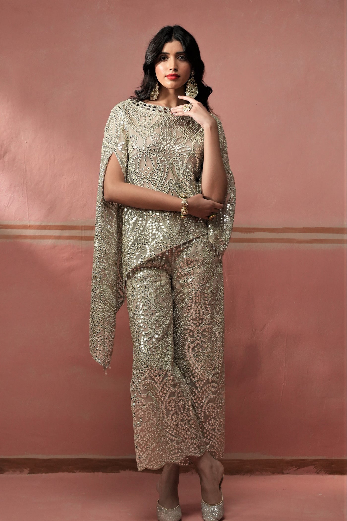 Twenty Nine Long Slit Palazzos in Silver Zari Net indian designer wear online shopping melange singapore