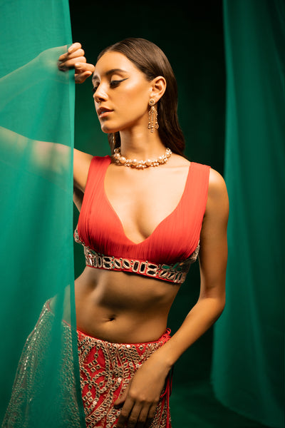 Twenty Nine Mirror Embellished Watermelon Red Bustier Blouse indian designer wear online shopping melange singapore