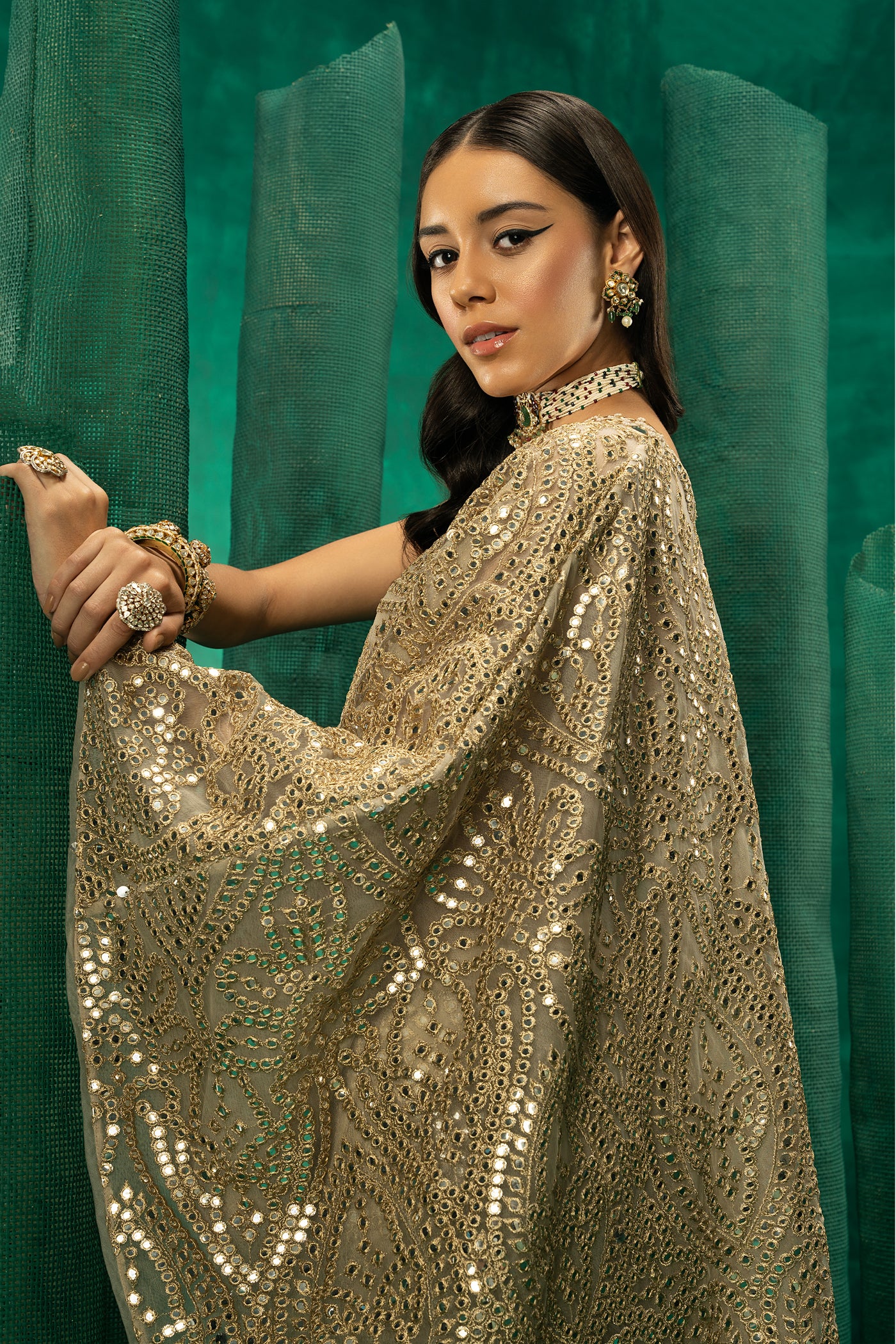 Twenty Nine Off Shoulder Embellished Cape in Golden Zari Net indian designer wear online shopping melange singapore