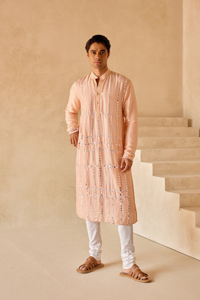 Twenty Nine Peach Dupion Silk Kurta with Mirrorwork Check Jaal indian designer wear online shopping melange singapore