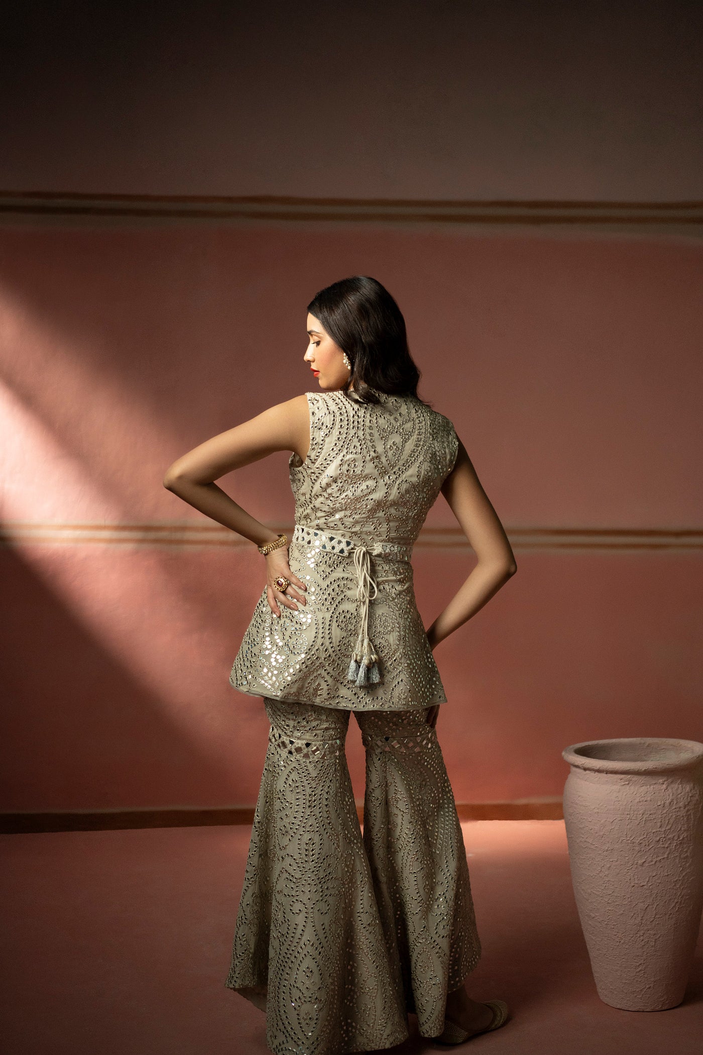 Twenty Nine Peplum Top With Embellished Belt In Georgette Silver Zari Mirrorwork indian designer wear online shopping melange singapore