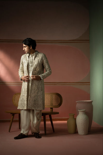 Twenty Nine Silver Zari Mirrorwork Sherwani indian designer wear online shopping melange singapore