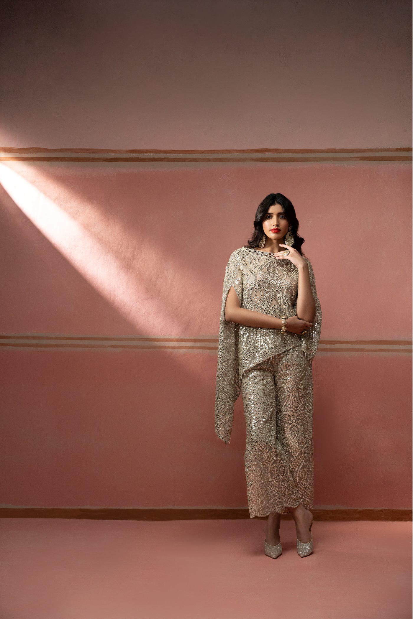 Twenty Nine Silver Zari Net Mirror Embellished Round Cape indian designer wear online shopping melange singapore