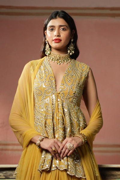 Twenty Nine Sleeveless  Golden Yellow Silver Zari Georgetta Peplum Top indian designer wear online shopping melange singapore