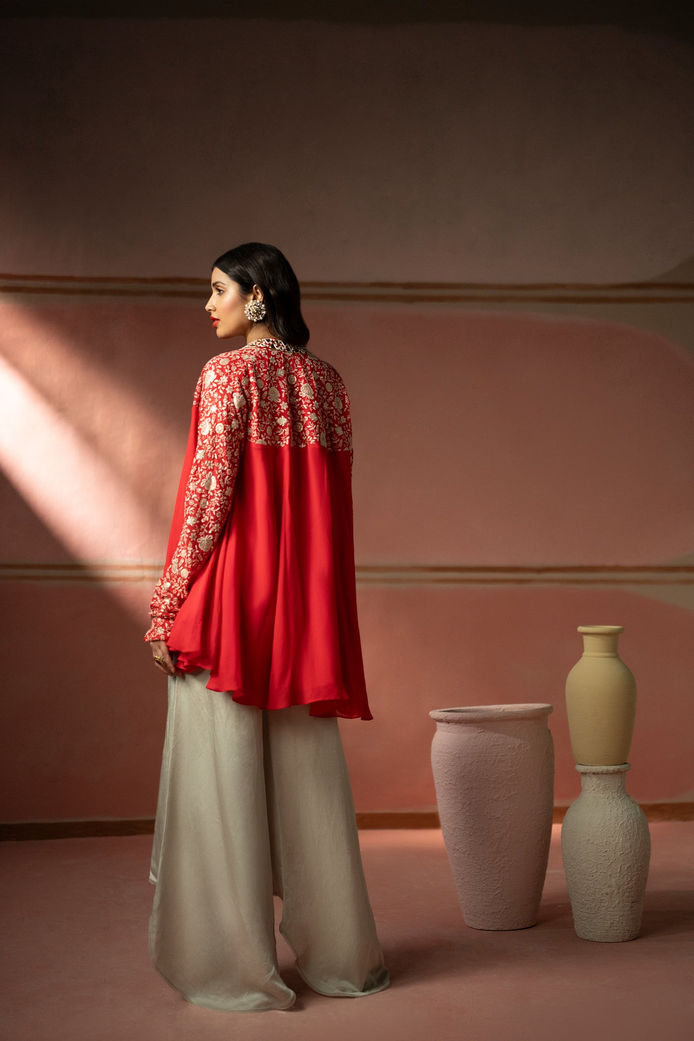 Twenty Nine Watermelon Red Chikankari Embellished Kediya Top indian designer wear online shopping melange singapore