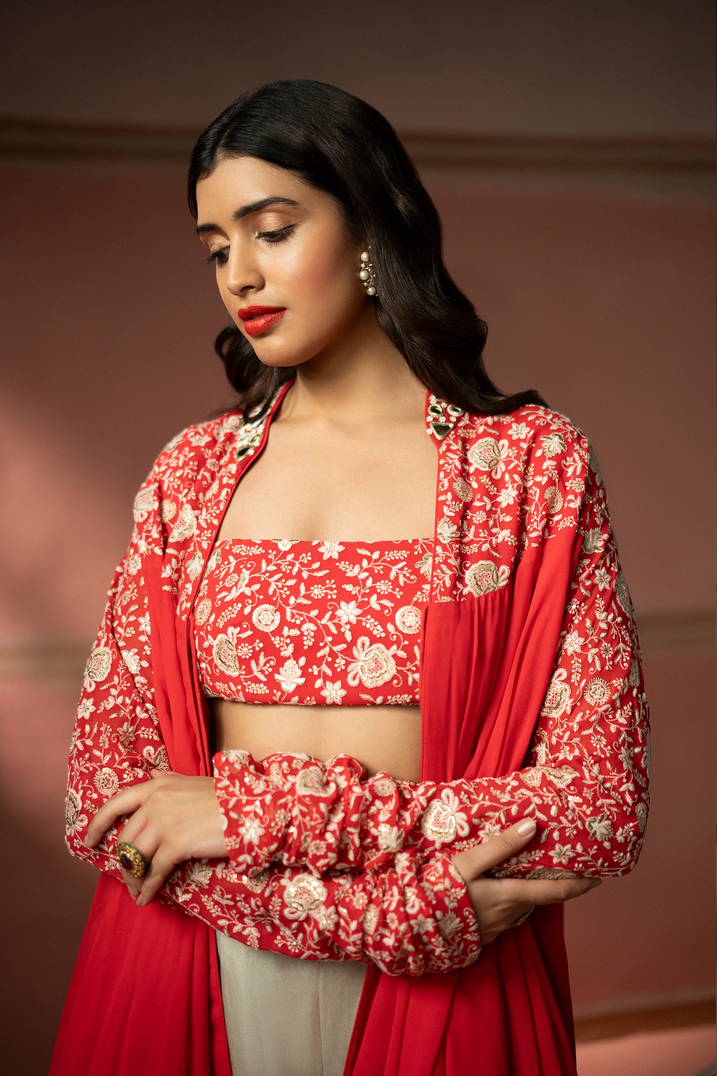 Twenty Nine Watermelon Red Chikankari Embellished Kediya Top indian designer wear online shopping melange singapore