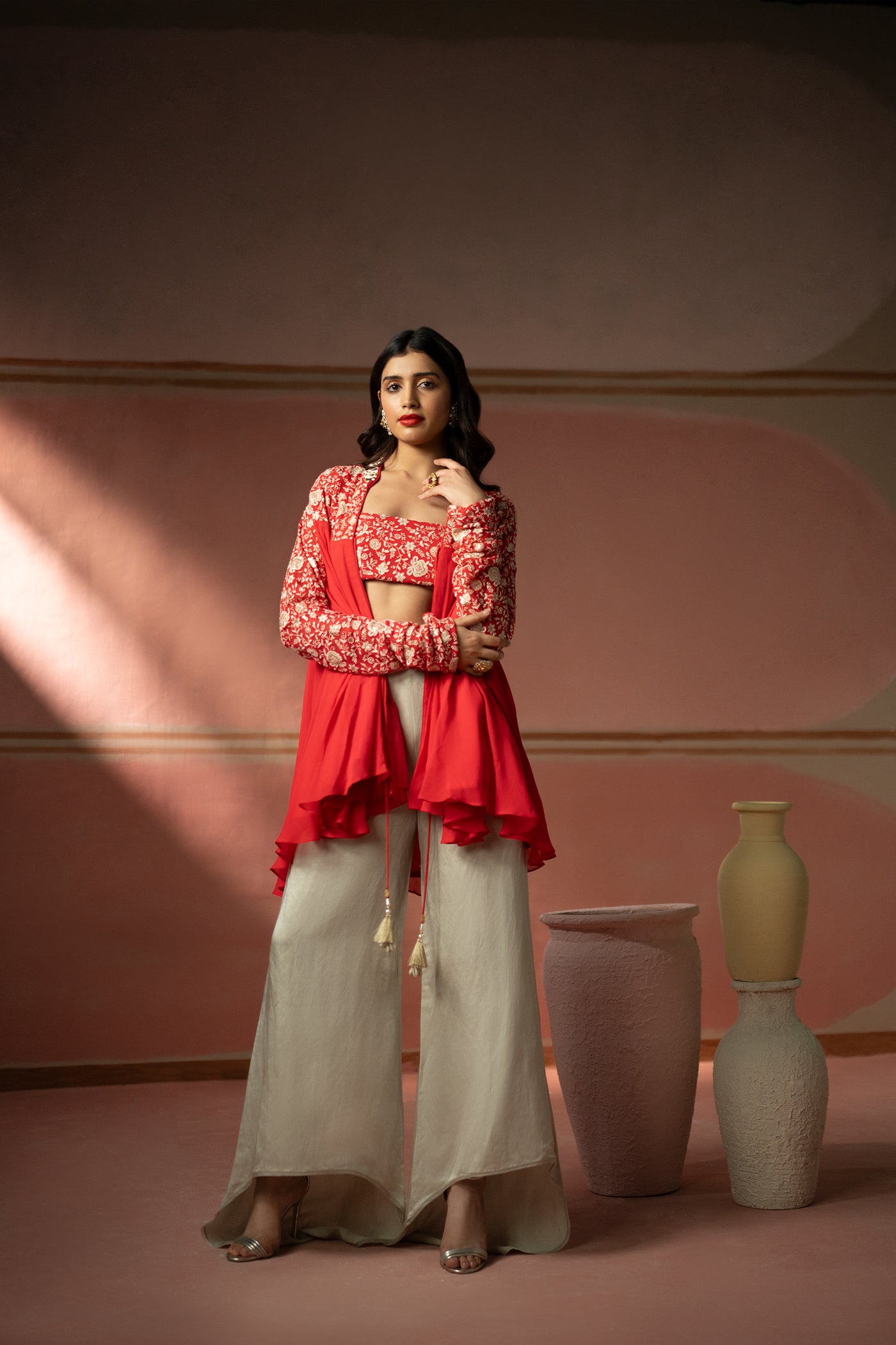 Twenty Nine Watermelon Red Chikankari Embellished Kediya Top indian designer wear online shopping melange singapore