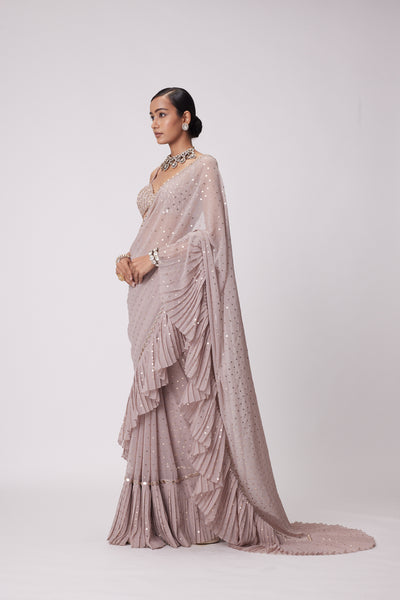 V Vani Vats Ash Pink Frill Saree Set indian designer wear online shopping melange singapore