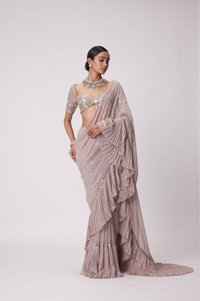 V Vani Vats Ash Pink Georgette Frill Saree Set indian designer wear online shopping melange singapore