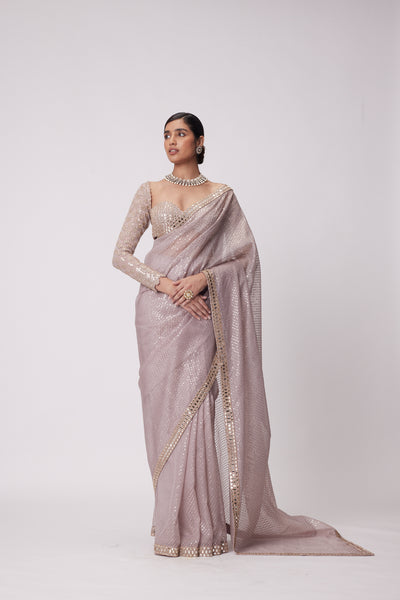 V Vani Vats Ash Pink Hand Embroidered Organza Saree Set indian designer wear online shopping melange singapore