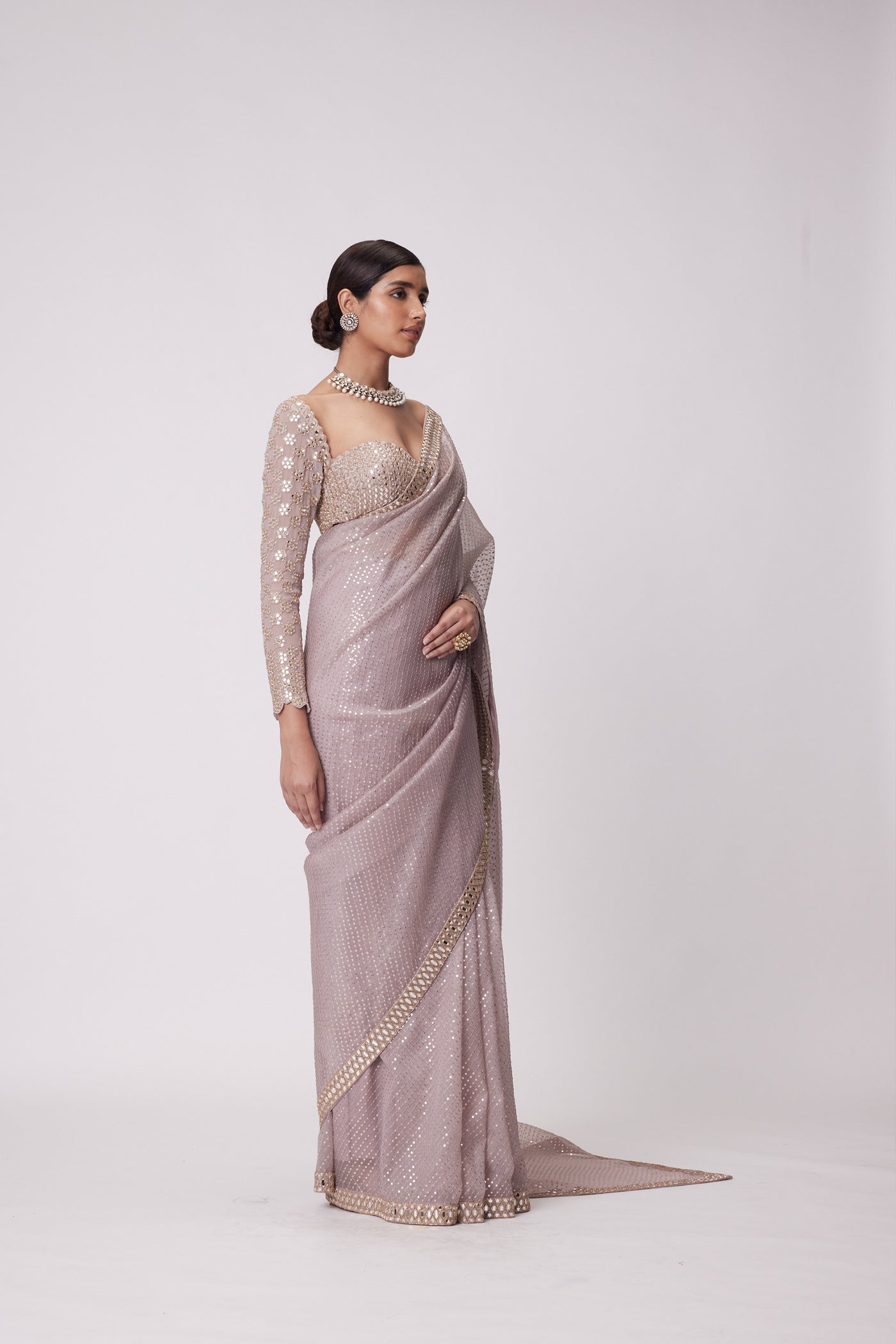 V Vani Vats Ash Pink Hand Embroidered Organza Saree Set indian designer wear online shopping melange singapore