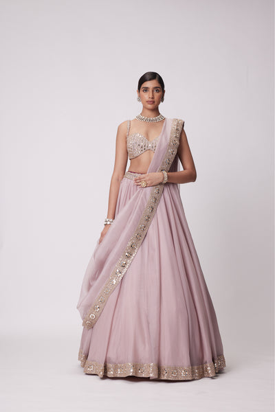 V Vani Vats Ash Pink Mirror Hand Embroidered Lehenga Set indian designer wear online shopping melange singapore