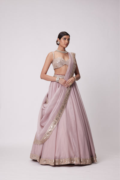 V Vani Vats Ash Pink Mirror Hand Embroidered Lehenga Set indian designer wear online shopping melange singapore