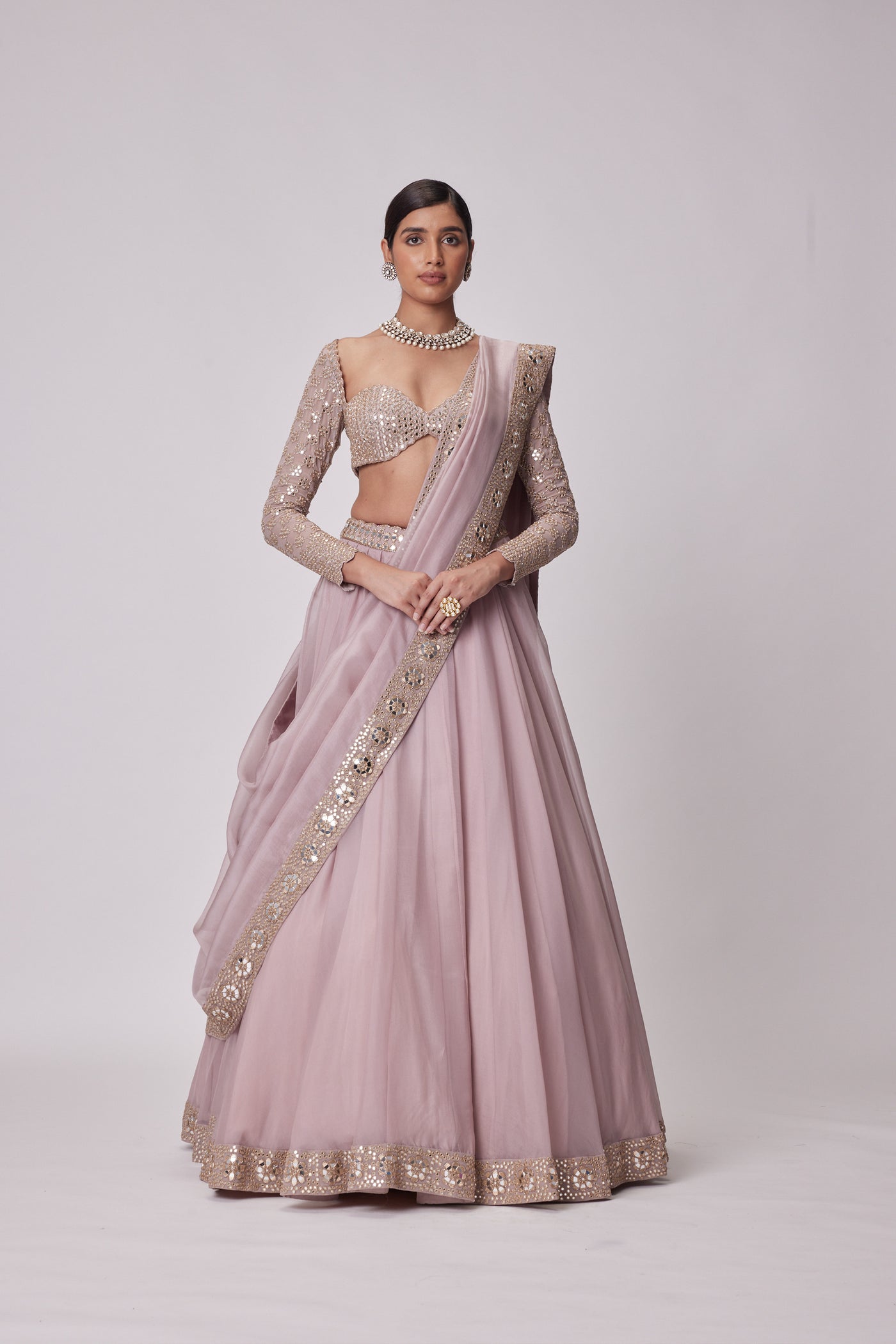 V Vani Vats Ash Pink Organza Lehenga Set indian designer wear online shopping melange singapore