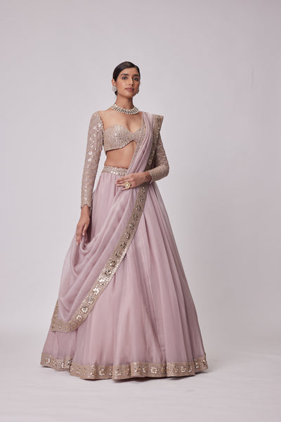 V Vani Vats Ash Pink Organza Lehenga Set indian designer wear online shopping melange singapore