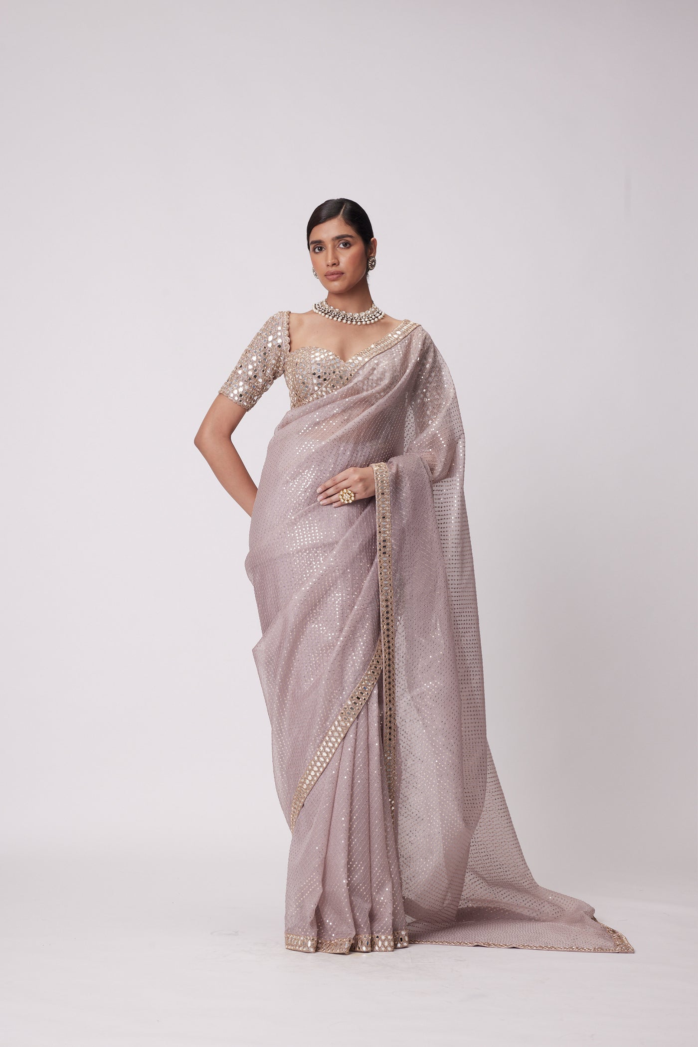 V Vani Vats Ash Pink Organza Saree Set indian designer wear online shopping melange singapore