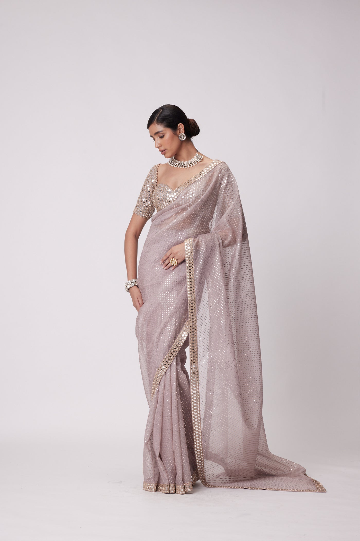 V Vani Vats Ash Pink Organza Saree Set indian designer wear online shopping melange singapore