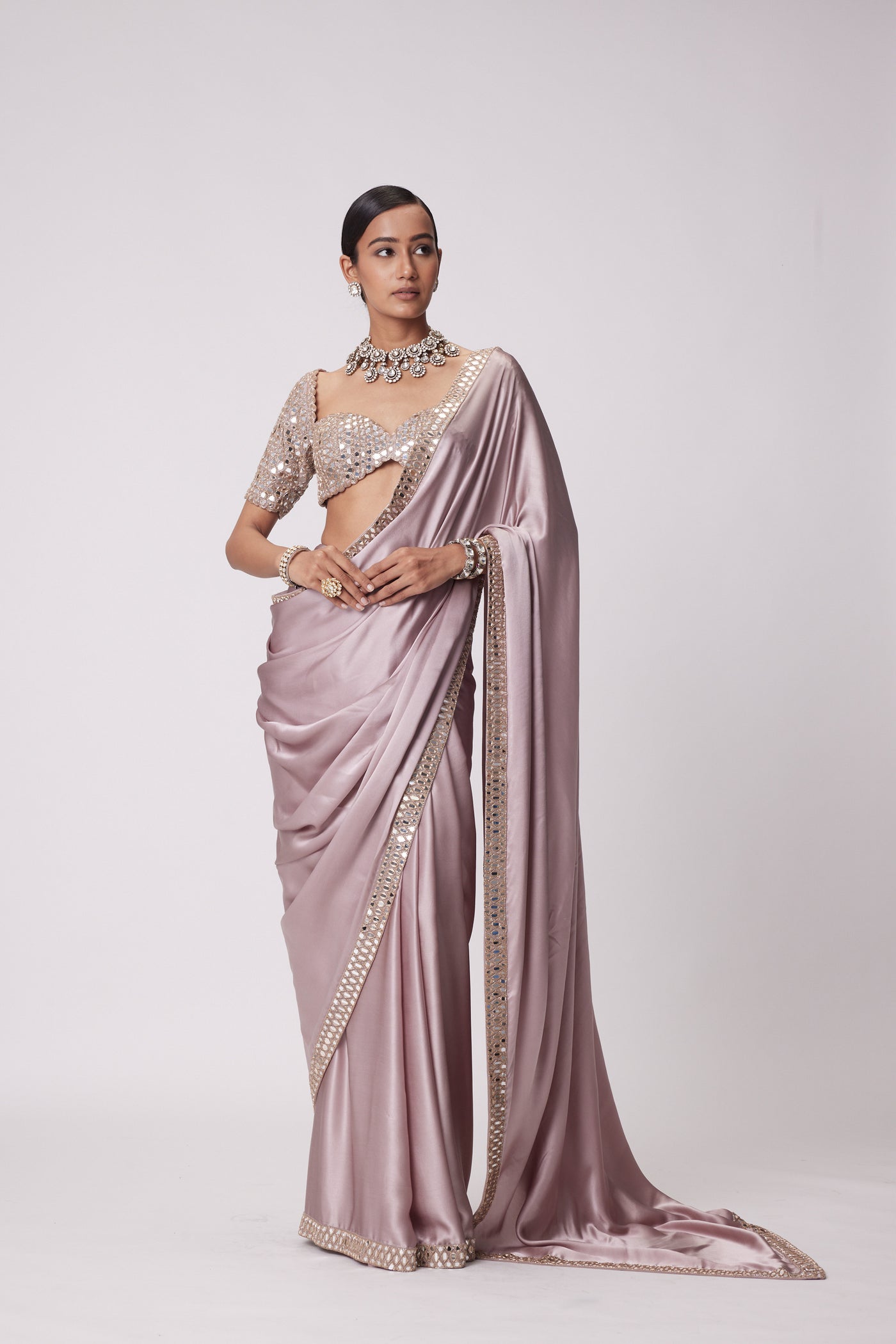 V Vani Vats Ash Pink Satin Saree Set indian designer wear online shopping melange singapore