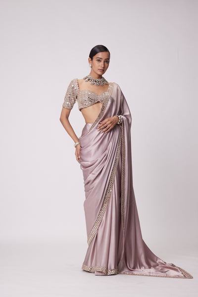 V Vani Vats Ash Pink Satin Saree Set indian designer wear online shopping melange singapore