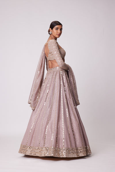 V Vani Vats Ash Pink Sequin And Mirror Embroidered Lehenga Set indian designer wear online shopping melange singapore