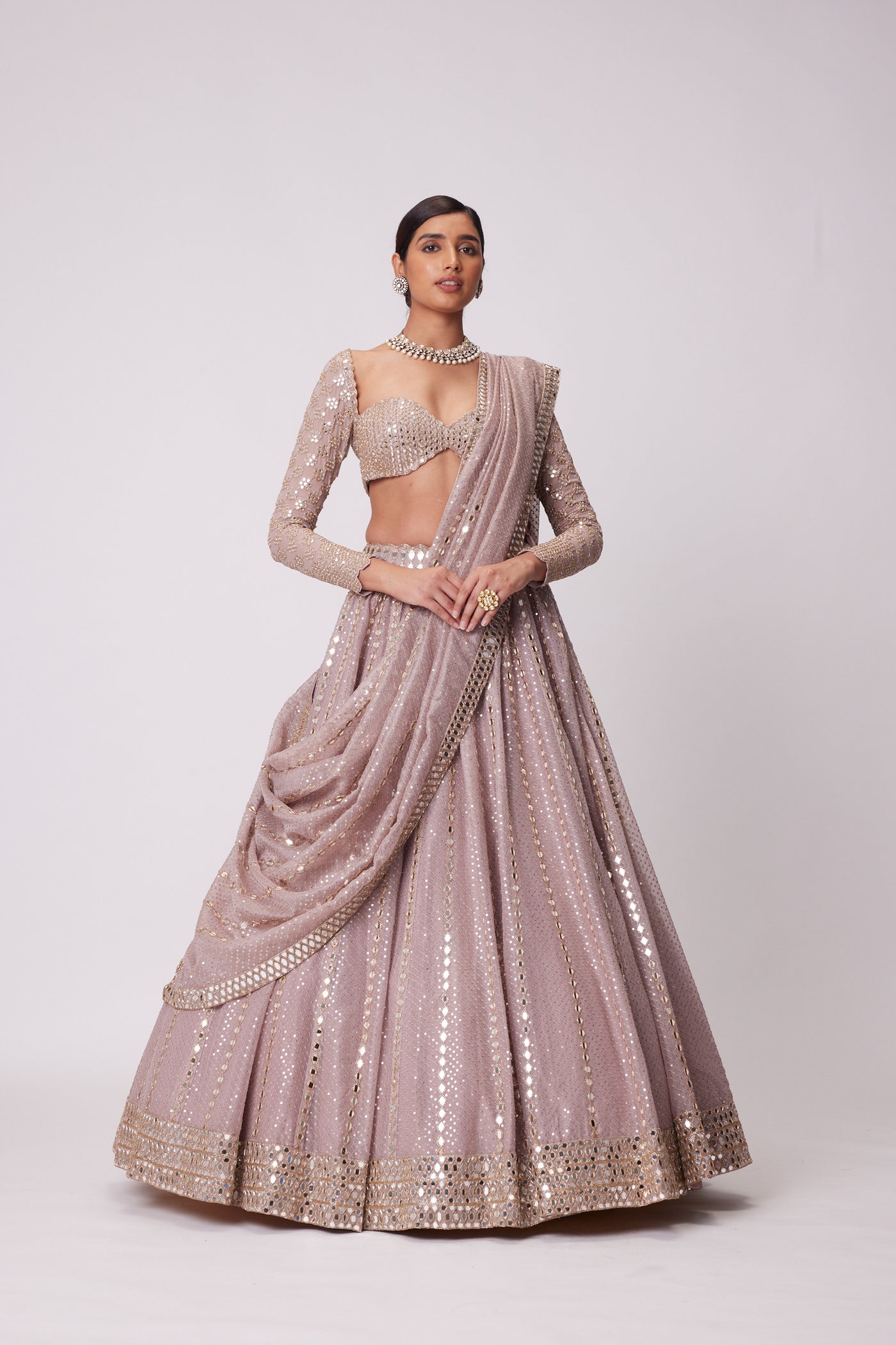 V Vani Vats Ash Pink Sequin And Mirror Embroidered Lehenga Set indian designer wear online shopping melange singapore