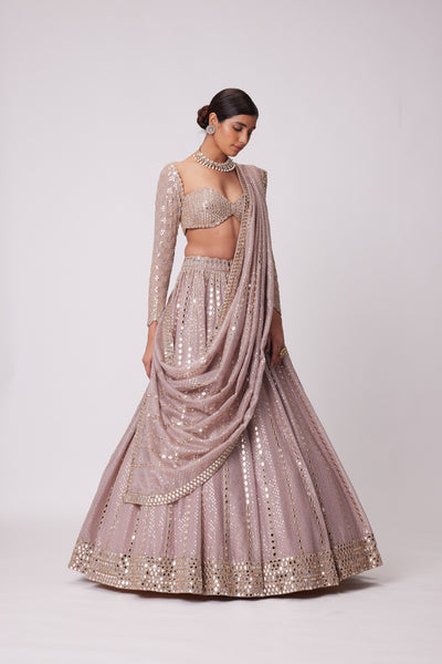 V Vani Vats Ash Pink Sequin And Mirror Embroidered Lehenga Set indian designer wear online shopping melange singapore