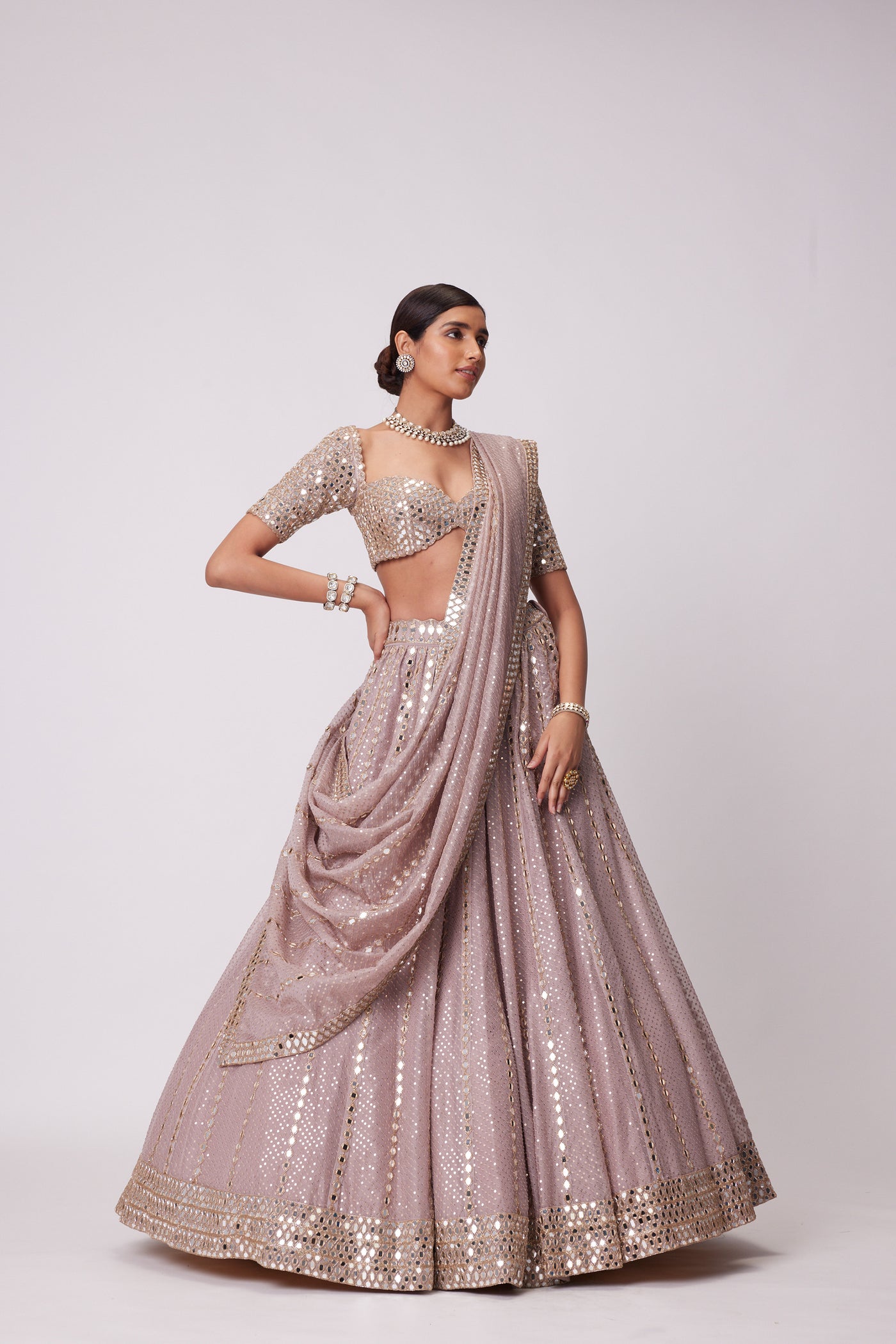 V Vani Vats Ash Pink Sequin Embroidered Lehenga Set indian designer wear online shopping melange singapore