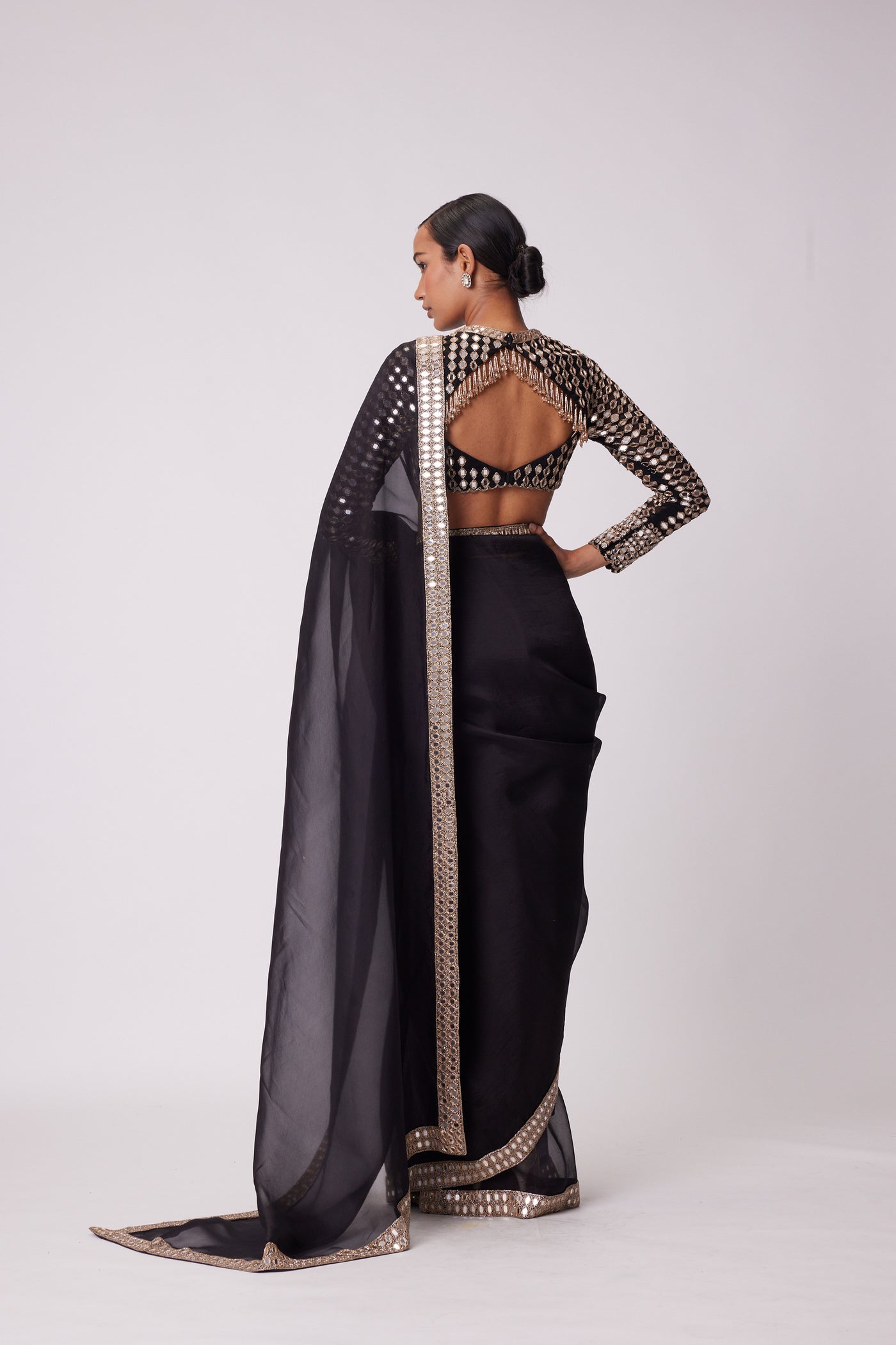 V Vani Vats Black Hand Embroidered Organza Saree Set indian designer wear online shopping melange singapore