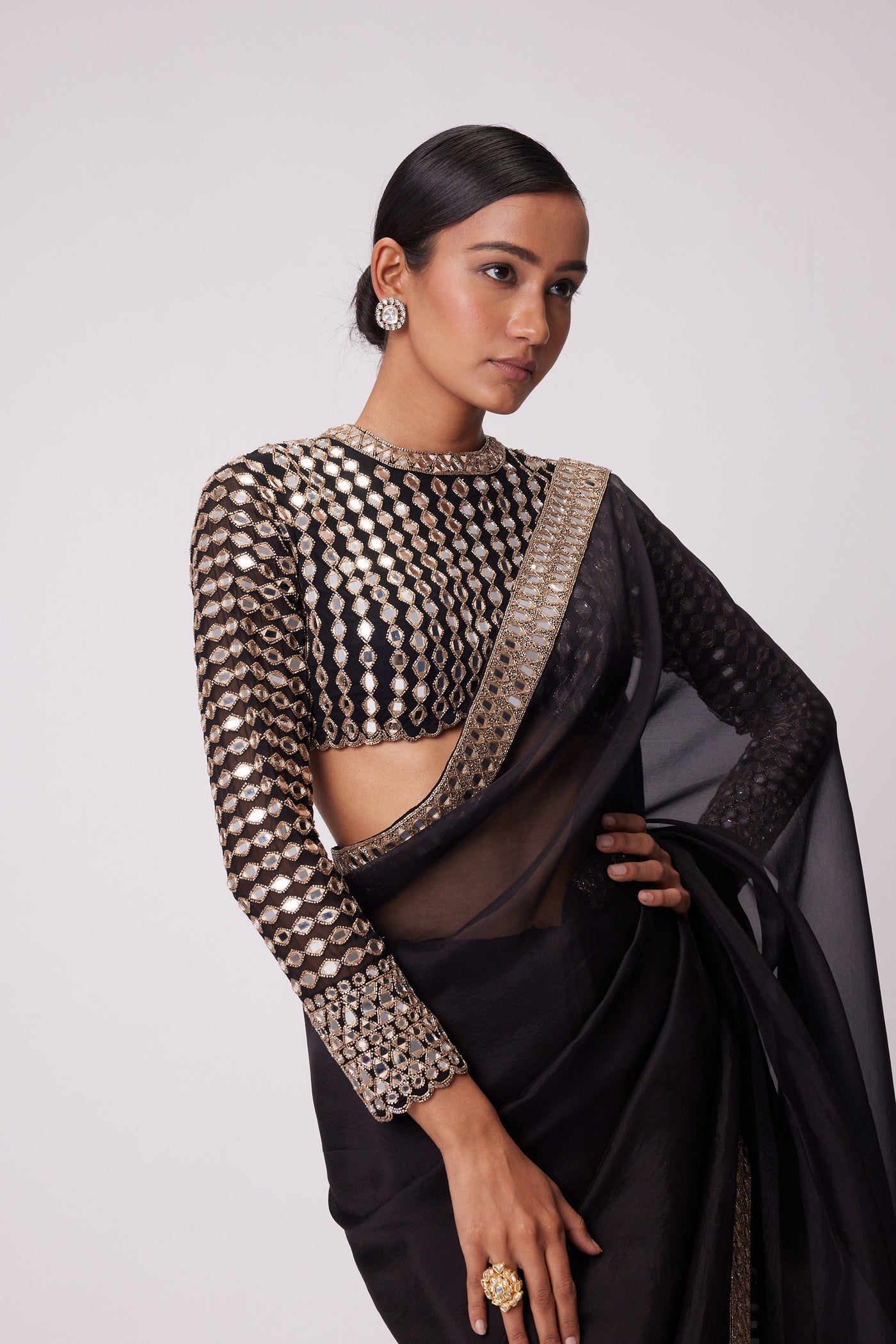 V Vani Vats Black Hand Embroidered Organza Saree Set indian designer wear online shopping melange singapore