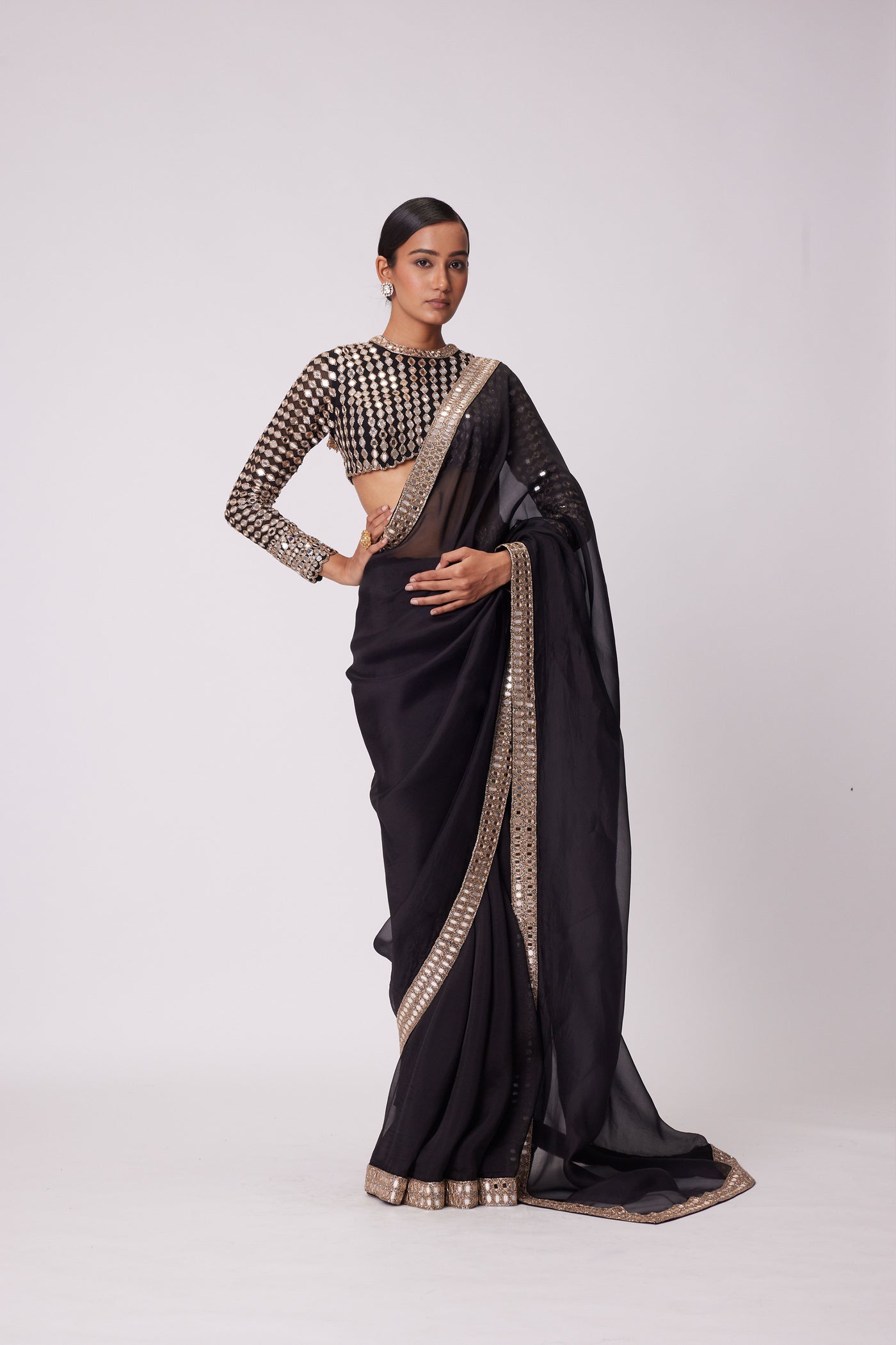 V Vani Vats Black Hand Embroidered Organza Saree Set indian designer wear online shopping melange singapore