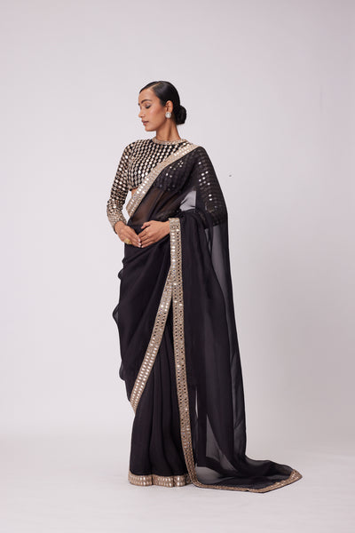 V Vani Vats Black Hand Embroidered Organza Saree Set indian designer wear online shopping melange singapore