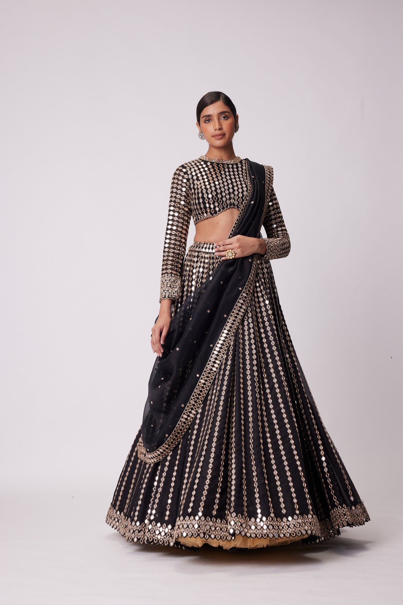 V Vani Vats Black Linear Mirror Embroidered Organza Lehenga Set indian designer wear online shopping melange singapore