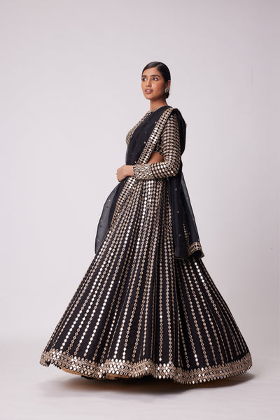 V Vani Vats Black Linear Mirror Embroidered Organza Lehenga Set indian designer wear online shopping melange singapore