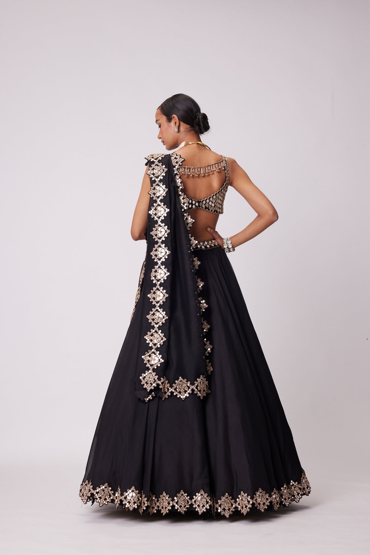 V Vani Vats Black Organza Hand Embroidered Lehenga Set indian designer wear online shopping melange singapore