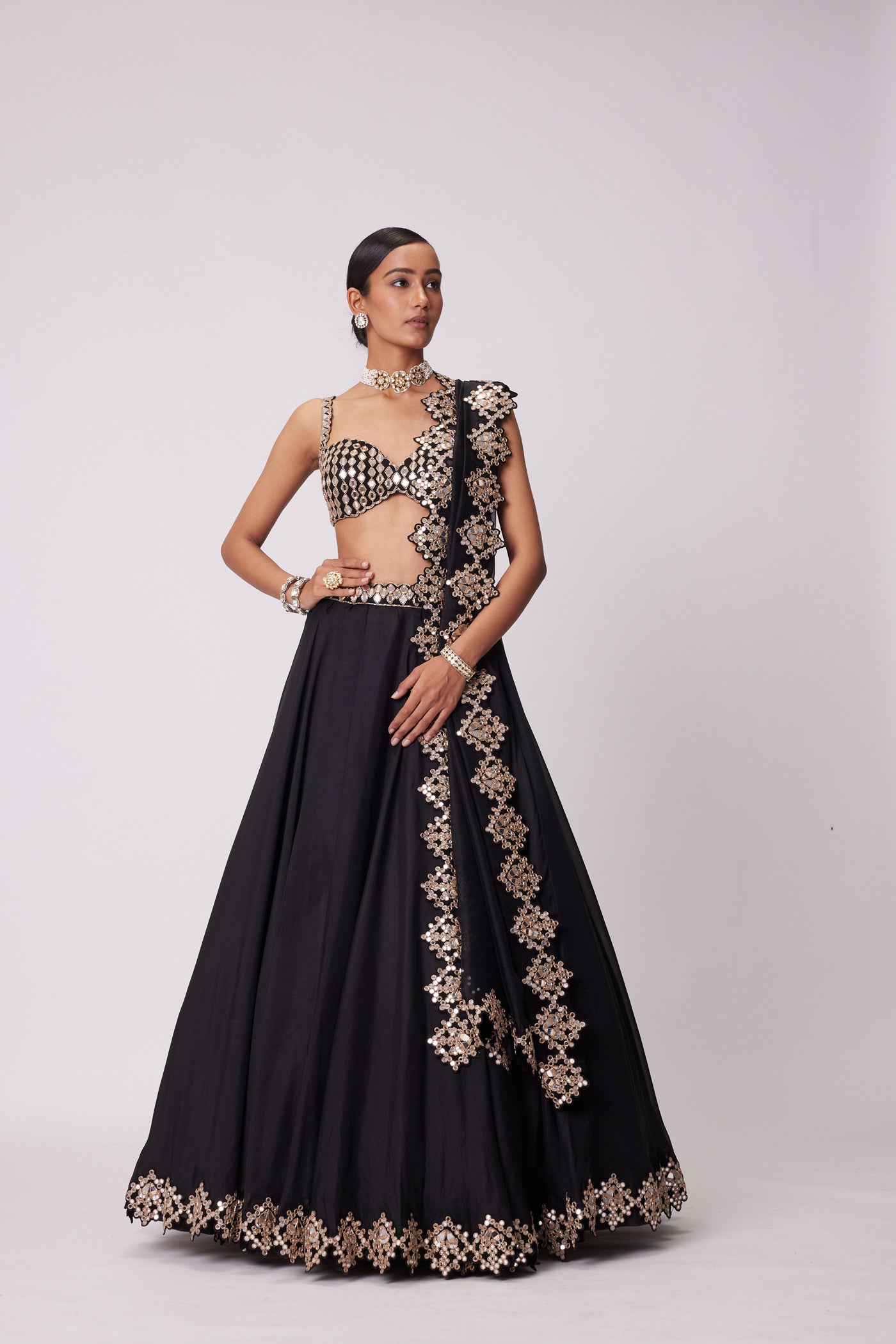 V Vani Vats Black Organza Hand Embroidered Lehenga Set indian designer wear online shopping melange singapore