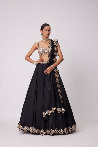 V Vani Vats Black Organza Lehenga Set ndian designer wear online shopping melange singapore