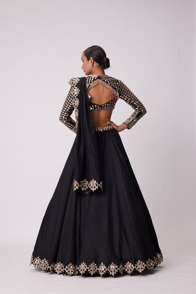 V Vani Vats Black Organza Mirror Embroidered Lehenga Set indian designer wear online shopping melange singapore