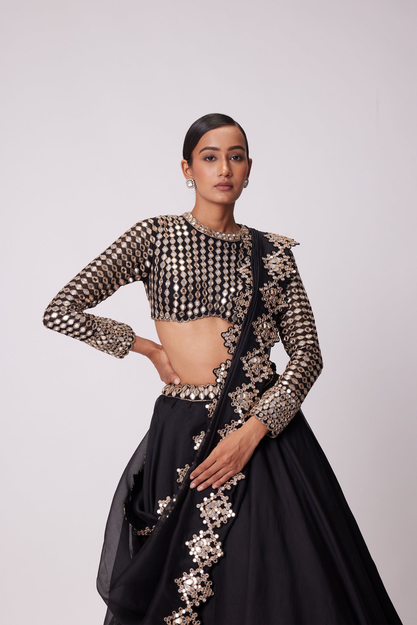 V Vani Vats Black Organza Mirror Embroidered Lehenga Set indian designer wear online shopping melange singapore