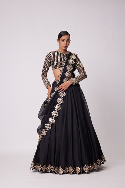 V Vani Vats Black Organza Mirror Embroidered Lehenga Set indian designer wear online shopping melange singapore