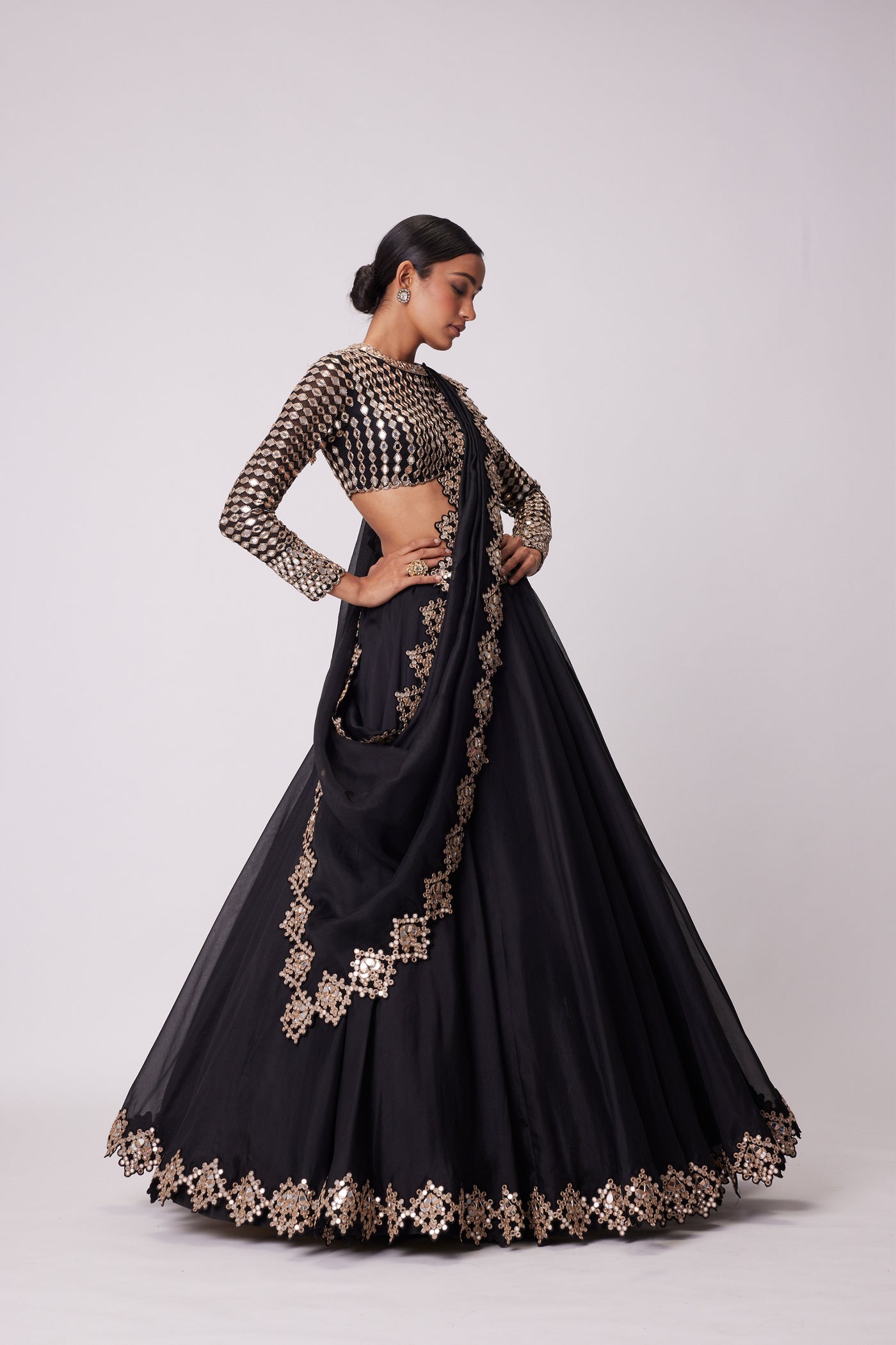 V Vani Vats Black Organza Mirror Embroidered Lehenga Set indian designer wear online shopping melange singapore