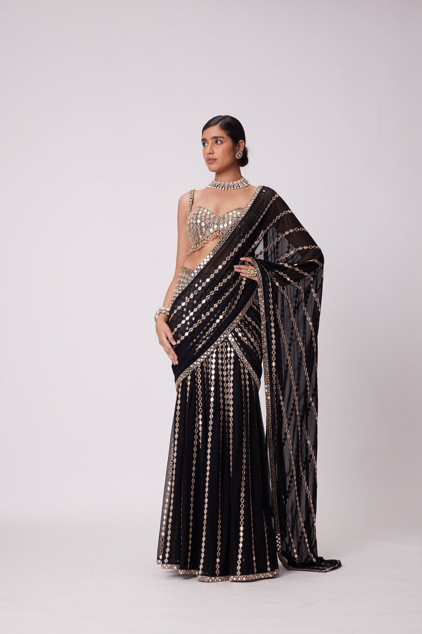 V Vani Vats Black Pre Draped Hand Embroidered Saree Set indian designer wear online shopping melange singapore