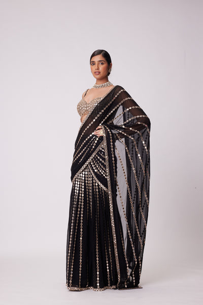 V Vani Vats Black Pre Draped Hand Embroidered Saree Set indian designer wear online shopping melange singapore