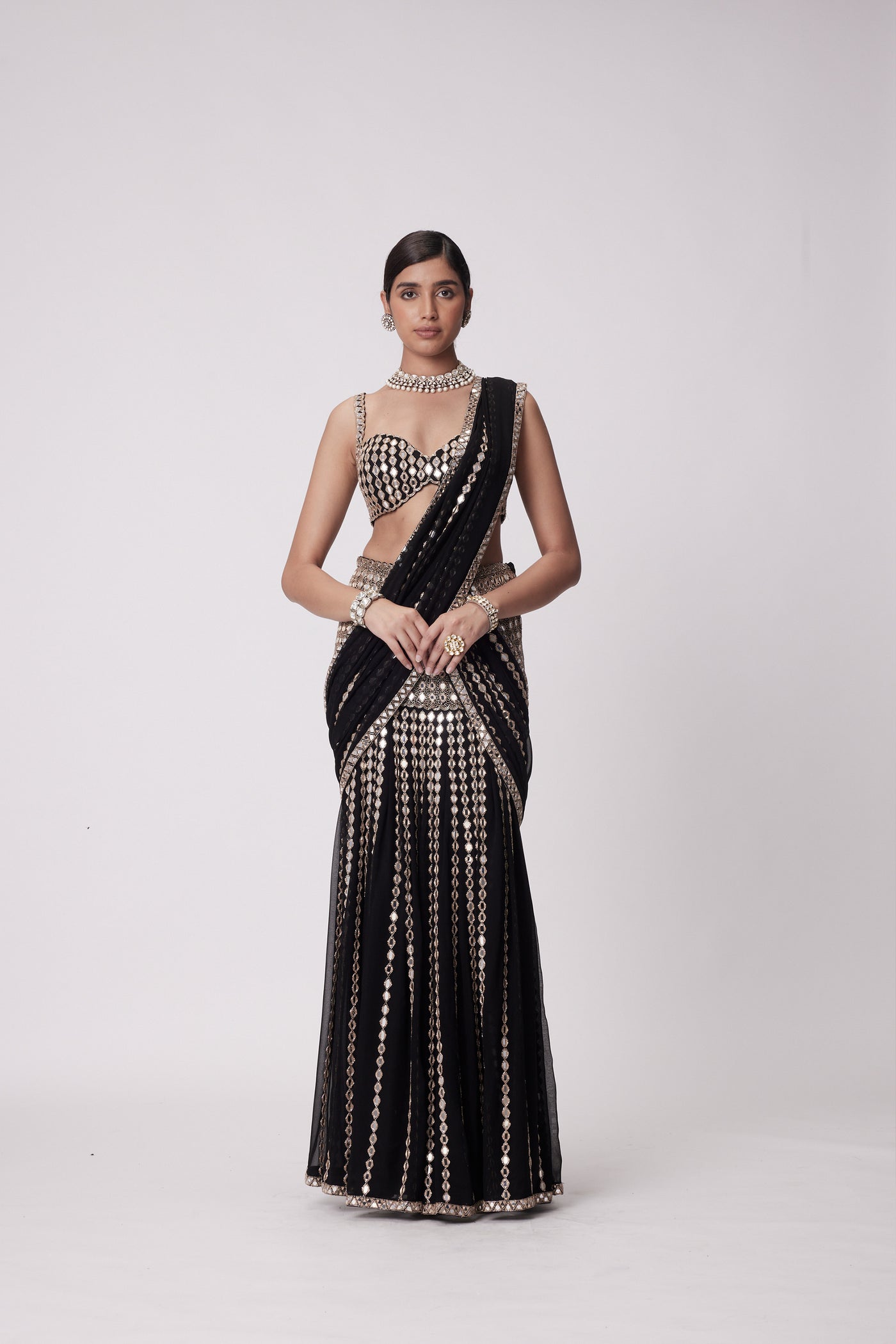 V Vani Vats Black Pre Draped Saree Set indian designer wear online shopping melange singapore