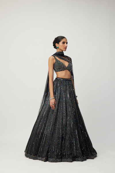 Black Crystal Linear Embroidered Lehenga Set Melange Singapore Online Shopping Indian Designer Wear V Vani Vats